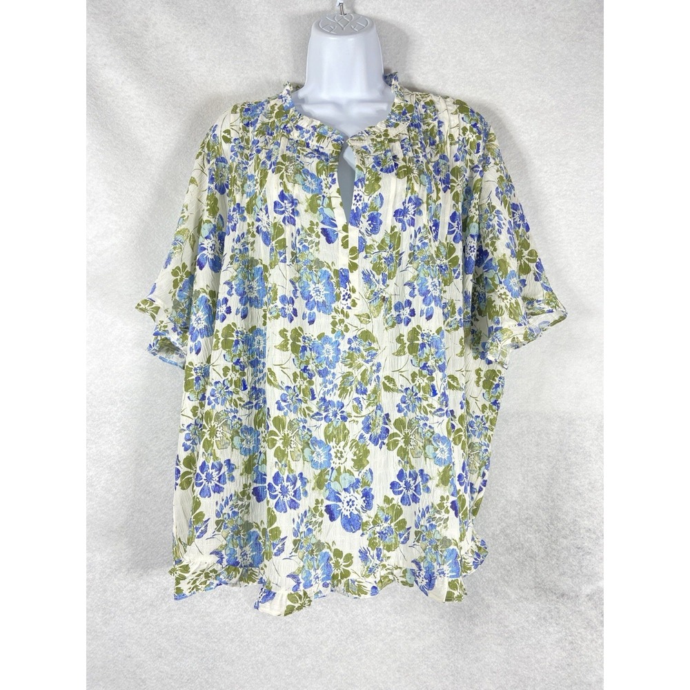 Rose + Olive Top Women's 3X Pintuck Popover Multicolor Floral Boho Short Sleeve